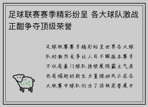 足球联赛赛季精彩纷呈 各大球队激战正酣争夺顶级荣誉