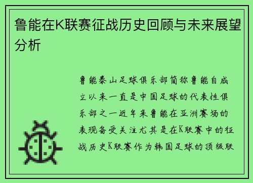 鲁能在K联赛征战历史回顾与未来展望分析