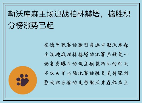 勒沃库森主场迎战柏林赫塔，擒胜积分榜涨势已起