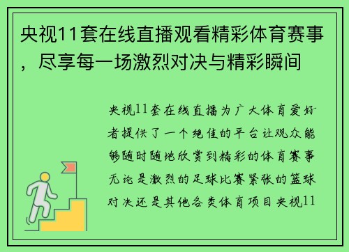 央视11套在线直播观看精彩体育赛事，尽享每一场激烈对决与精彩瞬间