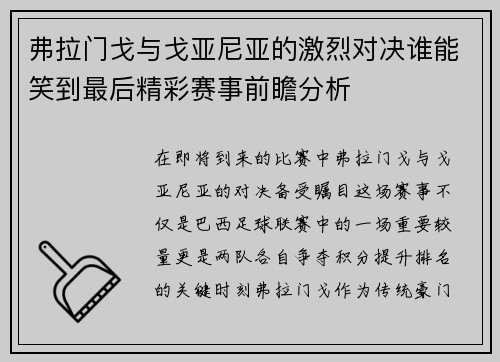 弗拉门戈与戈亚尼亚的激烈对决谁能笑到最后精彩赛事前瞻分析